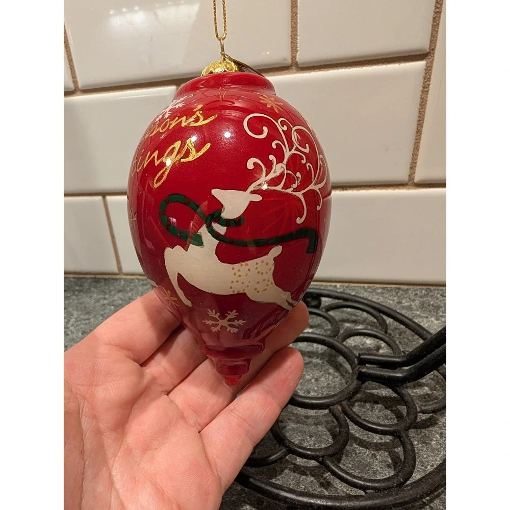 Pier 1 Red Reindeer Seasons Greetings 2014 Christmas Ornament Glass